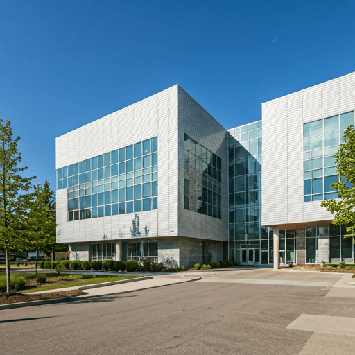 Modern university campus architecture with glass facade and landscaped grounds